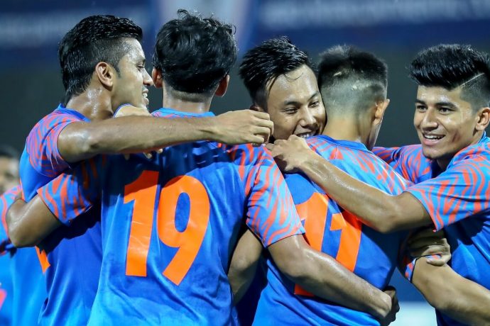 Indian national team players celebrate a goal. (Photo courtesy: AIFF Media)