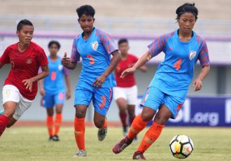 Ashalata Devi (#4) in action for the Indian women's national team. (Photo courtesy: AIFF Media)