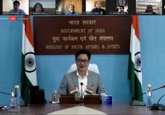 Minister of State of the Ministry of Youth Affairs and Sports Shri Kiren Rijiju during a video conference with AIFF President Praful Patel and the India U-17 Women's national team. (Photo courtesy: AIFF Media)