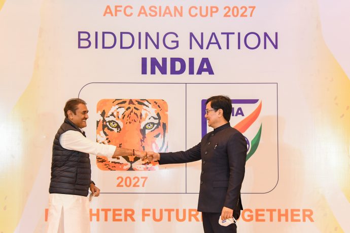All India Football Federation (AIFF) President and FIFA Council Member Praful Patel and Hon'ble Minister of State for Youth Affairs and Sports (I/C) Shri Kiren Rijiju at India's AFC Asian Cup 2027 bid announcement function. (Photo courtesy: AIFF Media)