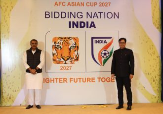 All India Football Federation (AIFF) President and FIFA Council Member Praful Patel and Hon'ble Minister of State for Youth Affairs and Sports (I/C) Shri Kiren Rijiju at India's AFC Asian Cup 2027 bid announcement function. (Photo courtesy: AIFF Media)