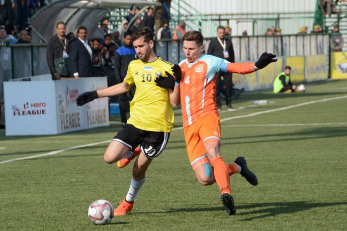 Real Kashmir FC's Danish Farooq (left) in action in the Hero I-League. (Photo courtesy: AIFF Media)