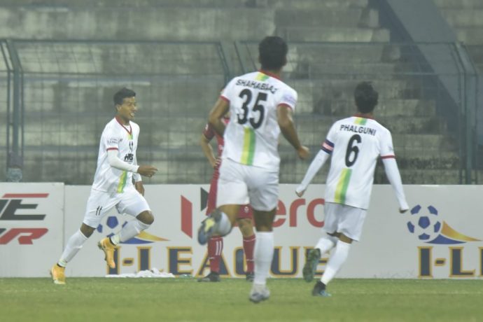Bidyashagar Singh and his TRAU FC teammates celebrate a goal in the Hero I-League. (Photo courtesy: AIFF Media)