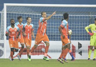 Elvedin Škrijelj celebrates with his teammates after scoring for Chennai City FC against the Indian Arrows in a Hero I-League match. (Photo courtesy: AIFF Media)