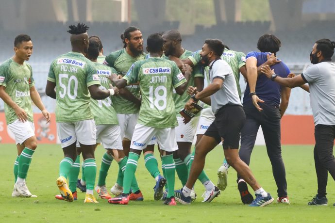Gokulam Kerala FC celebrate a goal in the Hero I-League. (Photo courtesy: AIFF Media)