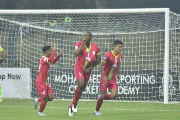 TRAU FC players celebrate a goal in the Hero I-League. (Photo courtesy: AIFF Media)