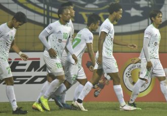 NEROCA FC players celebrate a goal in the Hero I-League. (Photo courtesy: AIFF Media)