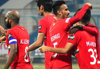 Sudeva Delhi FC players celebrate a goal in the Hero I-League. (Photo courtesy: AIFF Media)
