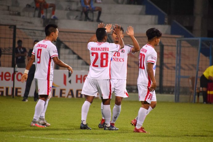 Aizawl FC players celebrate a goal in the Hero I-League. (Photo courtesy: AIFF Media)