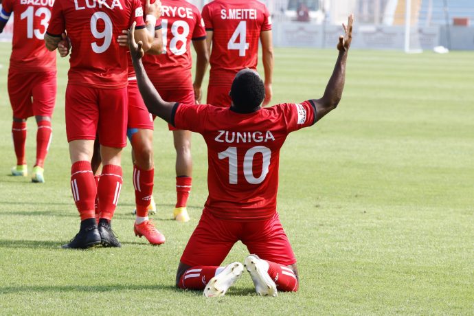 Churchill Brothers FC's Clayvin Zuniga celebrates his goal in the Hero I-League. (Photo courtesy: AIFF Media)