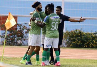Gokulam Kerala FC players celebrate a goal in the Hero I-League. (Photo courtesy: AIFF Media)