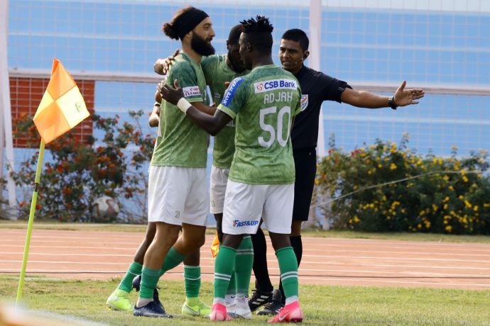 Gokulam Kerala FC players celebrate a goal in the Hero I-League. (Photo courtesy: AIFF Media)