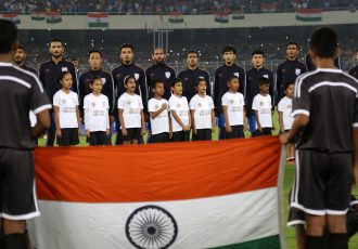The Indian national team players during the national anthem. (Photo courtesy: AIFF Media)