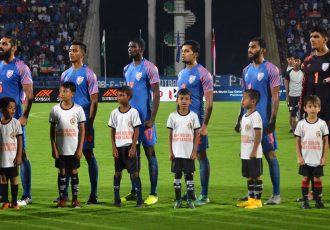 The Indian national team players during the national anthem. (Photo courtesy: AIFF Media)