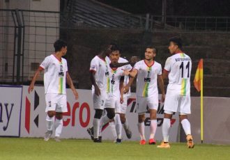TRAU FC players celebrate a goal in the Hero I-League. (Photo courtesy: AIFF Media)