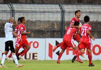 Aizawl FC players celebrate a goal in the Hero I-League. (Photo courtesy: AIFF Media)