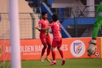 TRAU FC's Bidyashagar Singh and Komron Tursunov celebrate a goal in the Hero I-League. (Photo courtesy: AIFF Media)