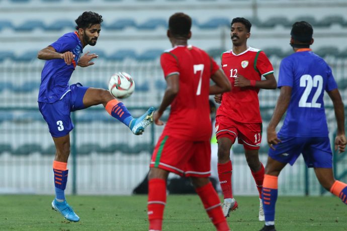 Indian national team left-back Akash Mishra in action against Oman in an international friendly match. (Photo courtesy: AIFF Media)