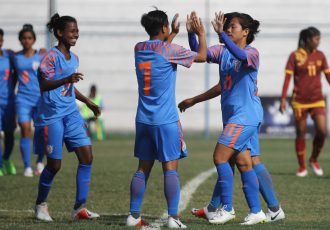 Indian women's national team players celebrate a goal. (Photo courtesy: AIFF Media)