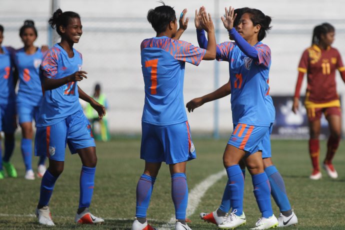 Indian women's national team players celebrate a goal. (Photo courtesy: AIFF Media)