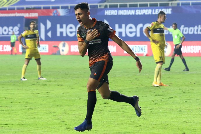 FC Goa's Ishan Pandita celebrates a goal in the Hero Indian Super League. (Photo courtesy: AIFF Media)