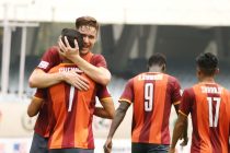 RoundGlass FC's Joseba Beitia and Chencho Gyeltshen celebrate a goal in the Hero I-League. (Photo courtesy: AIFF Media)