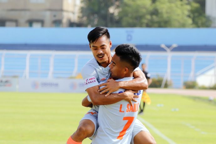 Lalchhanhima Sailo (right) and Taison Singh celebrate a goal for the Indian Arrows in the Hero I-League. (Photo courtesy: AIFF Media)