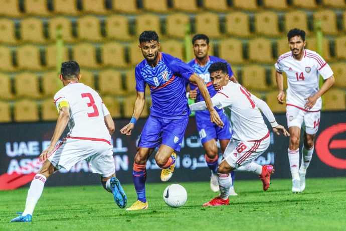 Indian national team striker Manvir Singh in action against the UAE in an international friendly match on March 29, 2021. (Photo courtesy: AIFF Media)