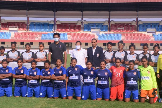 Players and officials of Sports Hostel and Odisha Police moments before their FAO Women's League match. (Photo courtesy: Football Association of Odisha)