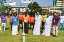 Indian national team legend IM Vijayan and other dignitaries ahead of the Ramco Kerala Premier League 2020/21 inaugural match between Kerala United FC and Kovalam FC. (Photo courtesy: Kerala Football Association)