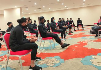 Indian national team head coach Igor Štimac and his squad during a team meeting in Dubai. (Photo courtesy: AIFF Media)