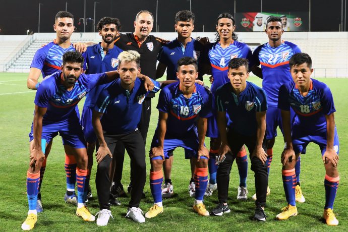 Indian national team head coach Igor Štimac with his ten debutants after the Oman friendly match in Dubai. (Photo courtesy: AIFF Media)