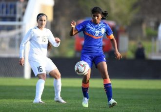 Indian women's national team captain Indumathi Kathiresan and Uzbekistan's Ezoza Sharipova. (Photo courtesy: AIFF Media)