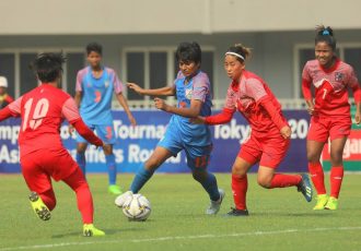 Indumathi Kathiresan in action for the Indian Women's national team. (Photo courtesy: AIFF Media)