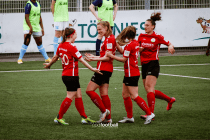 FSV Gütersloh 2009 players celebrate a goal against Borussia Bocholt in a 2nd Division Women's Bundesliga game. (©CPD Football)