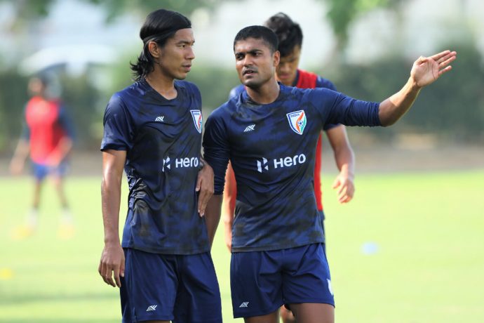 Pritam Kotal (right) along with fellow defender Chinglensana Singh during an Indian National Team training camp. (Photo courtesy: AIFF Media)