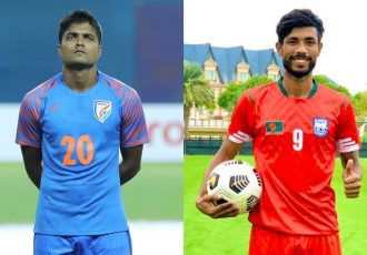 Indian national team defender Pritam Kotal and Bangladesh national team striker Nabib Newaj Jibon. (Photo courtesy: AIFF Media)