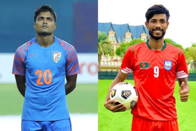 Indian national team defender Pritam Kotal and Bangladesh national team striker Nabib Newaj Jibon. (Photo courtesy: AIFF Media)