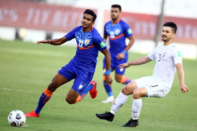 Indian national team winger Ashique Kuruniyan in action against Afghanistan in the FIFA World Cup Qatar 2022 and AFC Asian Cup China 2023 Qualifiers. (Photo courtesy: AIFF Media)