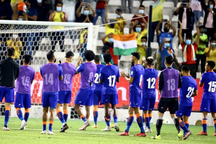 Indian national team players after their FIFA World Cup Qatar 2022 and AFC Asian Cup China 2023 qualifier against Qatar. (Photo courtesy: AIFF Media)