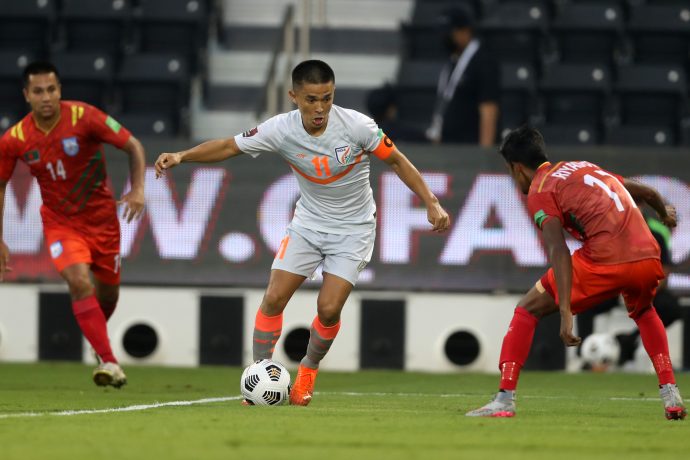 Indian national team skipper Sunil Chhetri in action against Bangladesh in the FIFA World Cup Qatar 2022 and AFC Asian Cup China 2023 Qualifiers. (Photo courtesy: AIFF Media)