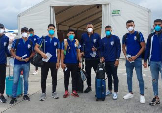 Indian national team squad members at their arrival at the Tribhuvan International Airport in Kathmandu, Nepal. (Photo courtesy: AIFF Media)
