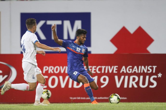 Indian national team striker Farukh Choudhary in action against Nepal in an international friendly match. (Photo courtesy: AIFF Media)