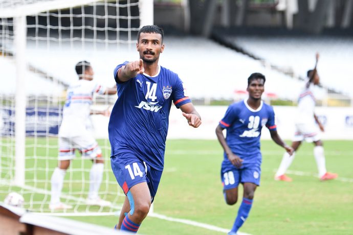 Bengaluru FC forward Harmanpreet Singh celebrates after scoring against the Indian Navy Football Team in a Durand Cup 2021 match. (Photo courtesy: Bengaluru FC)