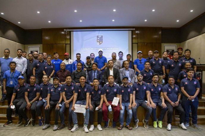 Participants of the AIFF-ANFA League Development Workshop at the ANFA Complex in Lalitpur, Nepal, on Friday, September 3, 2021. (Photo courtesy: AIFF Media)