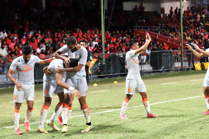 Indian national team players celebrate Manvir Singh's goal against the Maldives in the SAFF Championship 2021. (Photo courtesy: AIFF Media)
