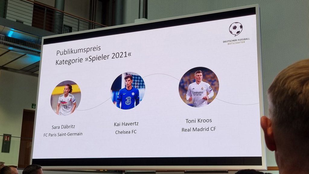 Nominierte für den Publikumspreis: Sara Däbritz, Kai Havertz und Toni Kroos - Deutscher Fussball Botschafter 2021 - Award-Verleihung in der Hauptstadtrepräsentanz der Deutschen Telekom am 6. Oktober 2021 (© CPD Football)