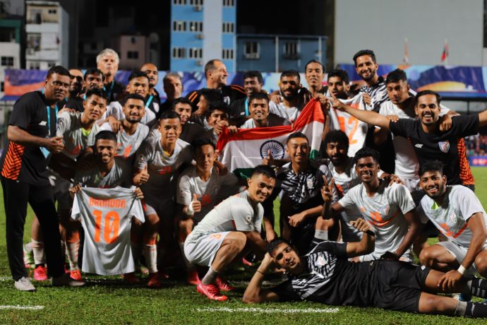 The Indian national team players and staff celebrate after winning the SAFF Championship 2021. (Photo courtesy: AIFF Media)
