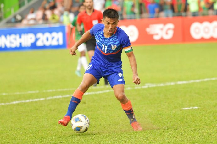 Indian national team captain Sunil Chhetri in action at the SAFF Championship 2021. (Photo courtesy: AIFF Media)