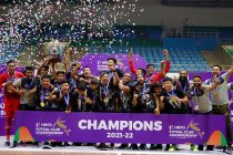 Delhi FC players and officials celebrate their maidan Hero Futsal Club Championship title. (Photo courtesy: AIFF Media)